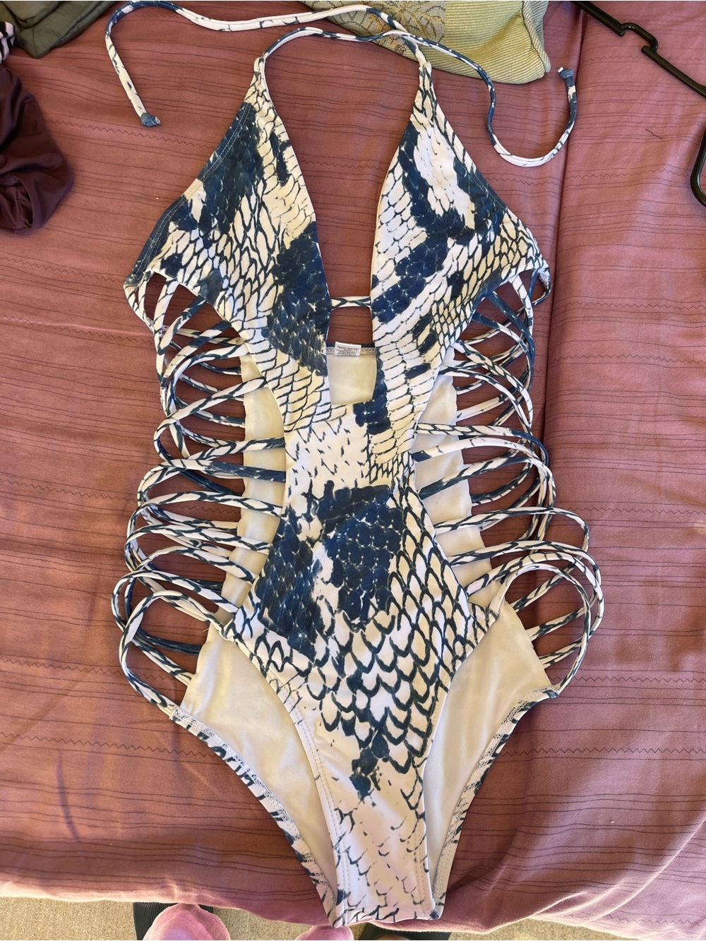 Amazon Women's Blue and White Snakeskin Cutout One-Piece Swimsuit